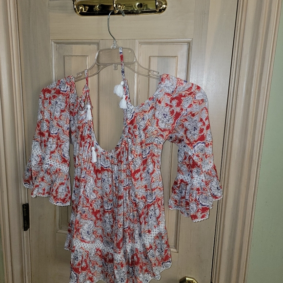 Misses sz L Forever 21 Cold Shoulder bright pattern Shirt Fluttery Sleeves - Picture 7 of 7